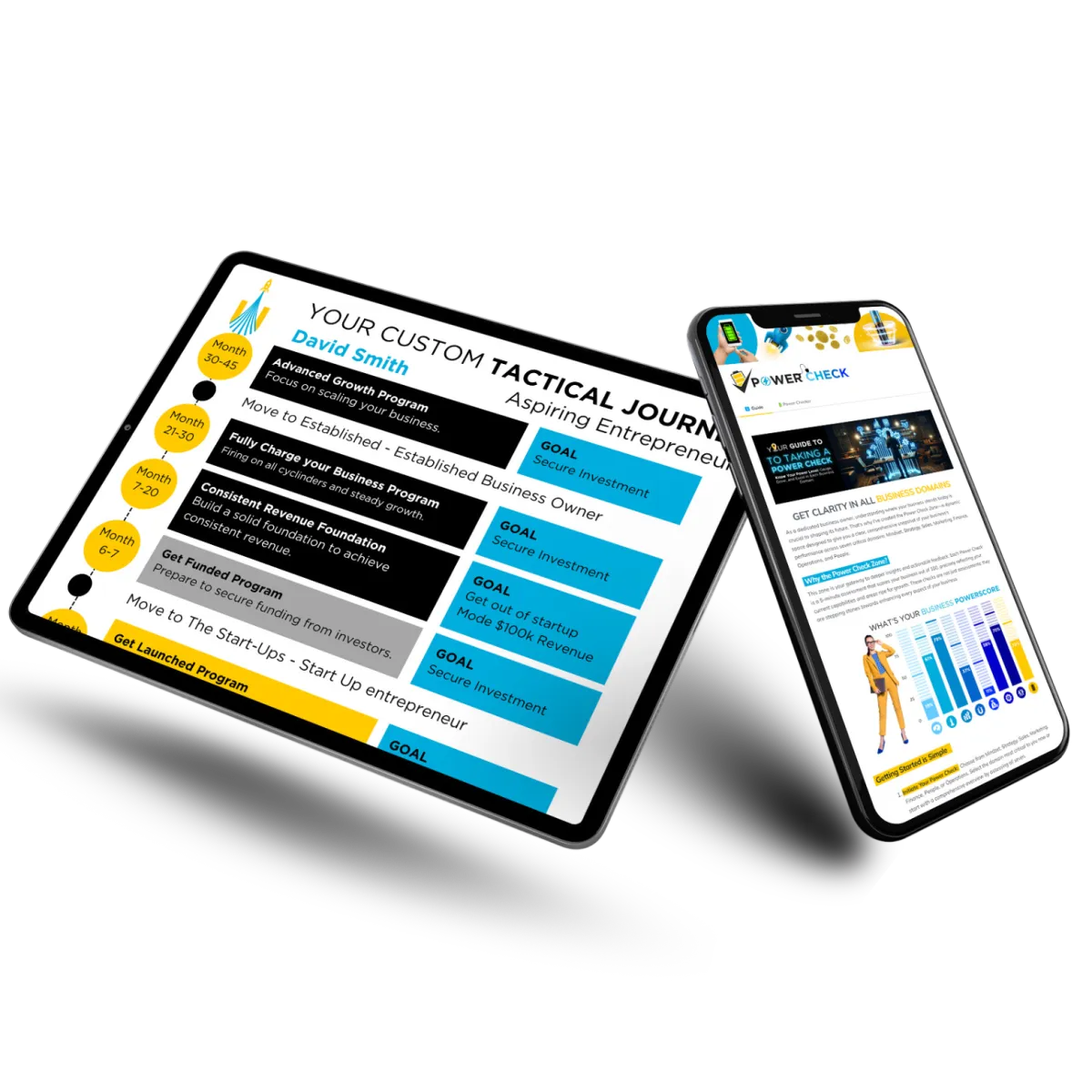 Tablet and smartphone displaying mini-courses and tactical business planning tools from the Business Power Hub's Tactical Pathways.