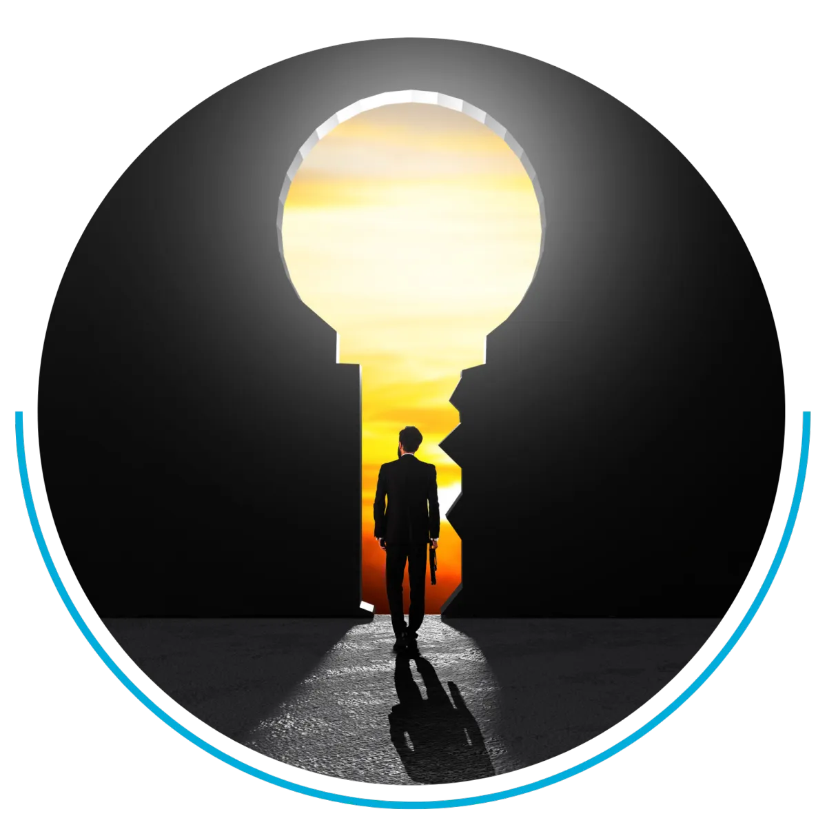 Key unlocking a door with light, representing new business opportunities and market expansion.