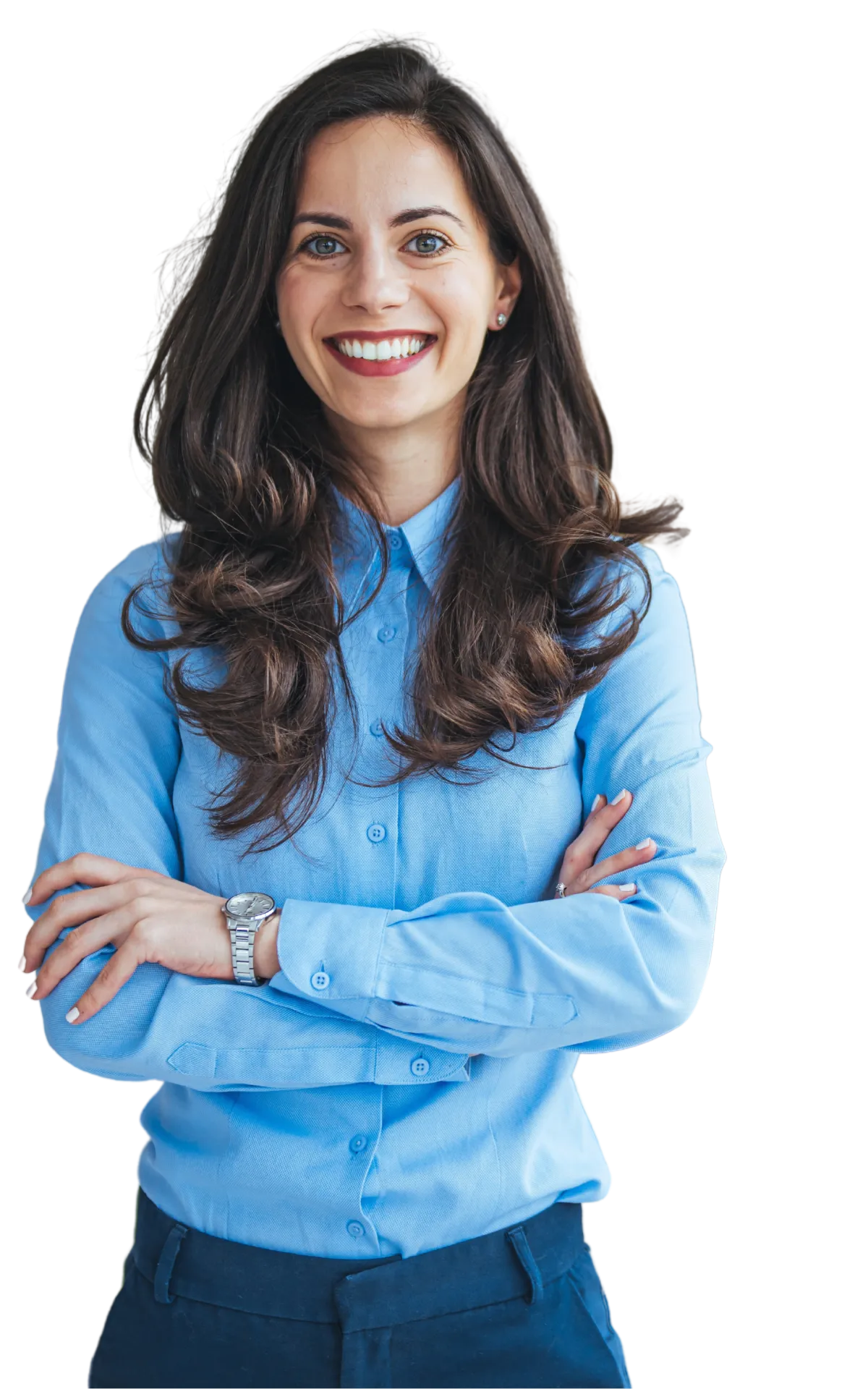 onfident professional woman in a blue shirt, arms crossed, smiling in front of a promotional message for a small business expert system to maximize potential in 2025.