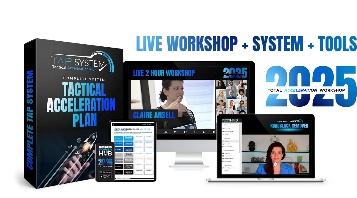 Promotional graphic for the 2025 Total Acceleration Workshop, featuring live webinar tools and resources from Claire Ansell's Tactical Acceleration Plan.