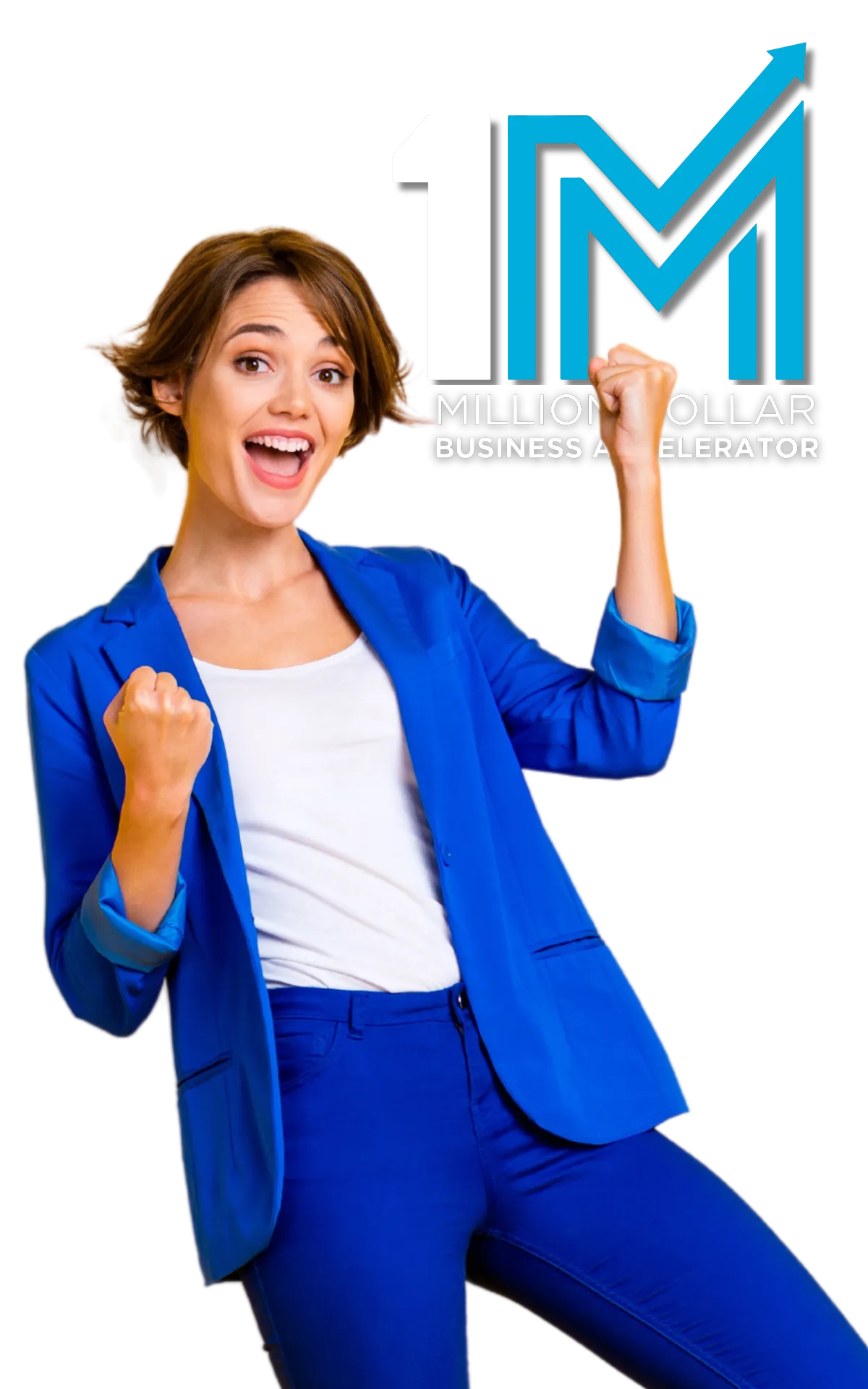 Excited businesswoman in blue blazer celebrating success with a fist pump in front of the Million Dollar Business Accelerator logo.