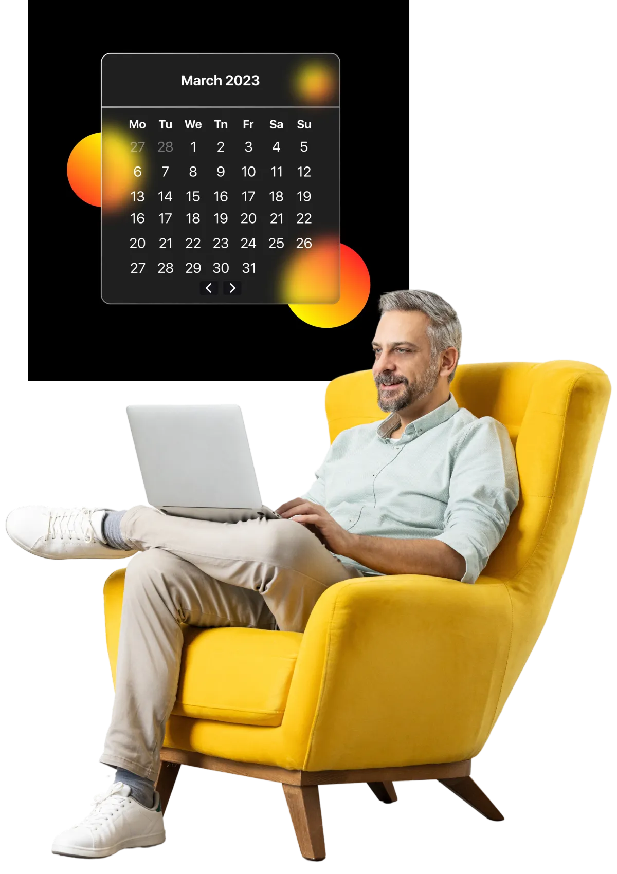 Middle-aged man with a beard, comfortably seated in a yellow armchair, working on a laptop with a colorful calendar background, representing efficient time management.