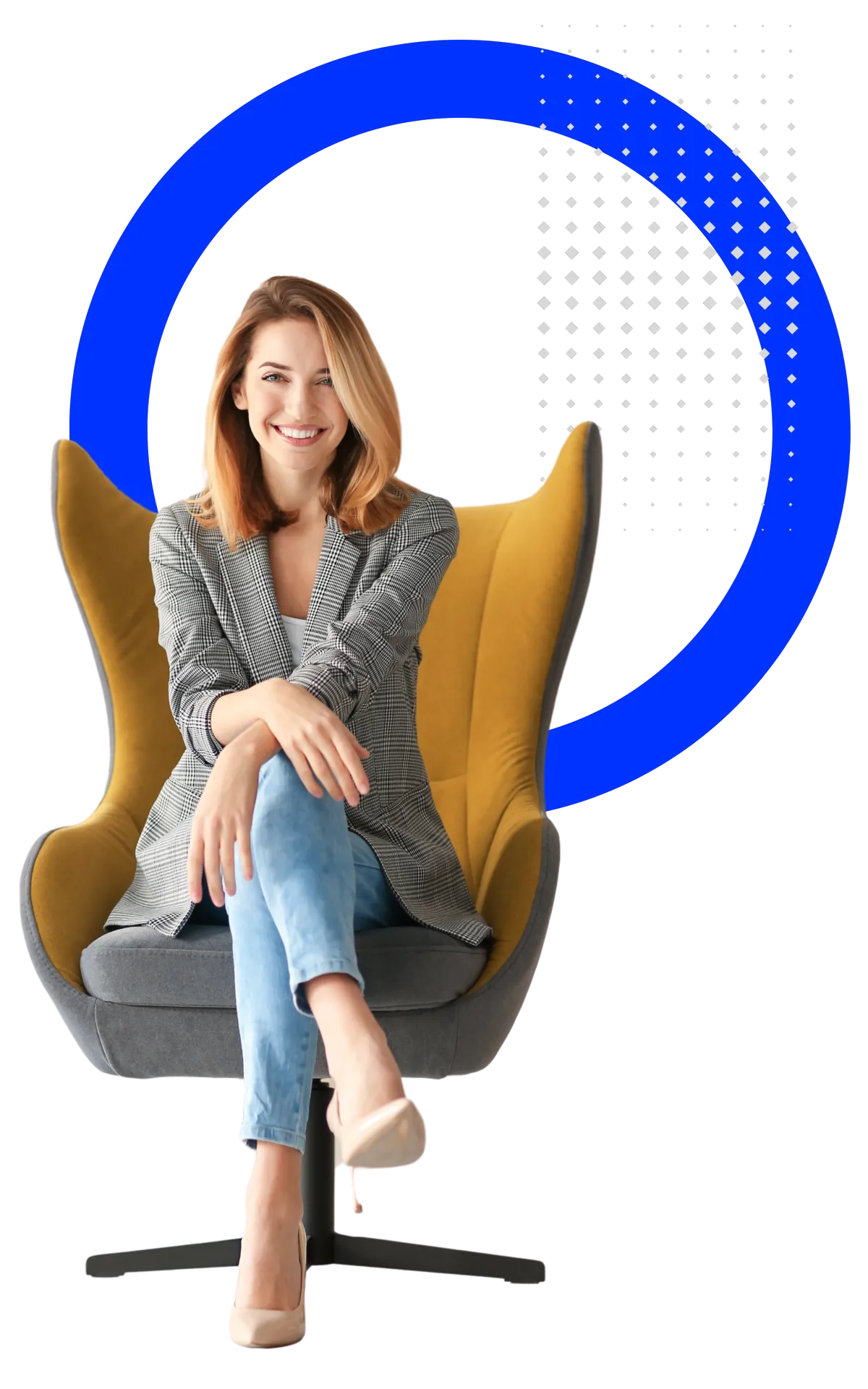 Smiling businesswoman sitting confidently in a modern chair, symbolizing leadership and professional success..