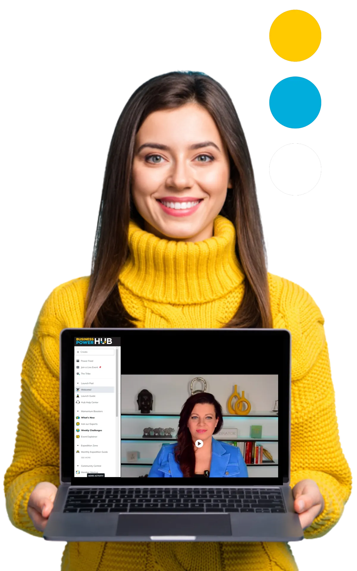 Business women in yellow sweater holding a laptop with CEO and founder Claire Ansell on the screen 