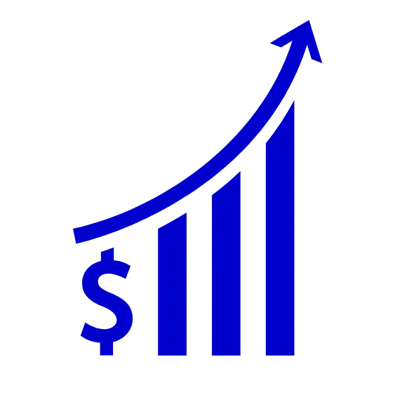 Icon of an upward arrow and bar graph with a dollar sign, symbolizing innovation and business scalability for continuous growth.