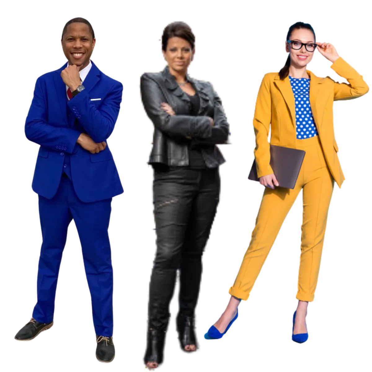 Three confident business professionals, dressed in formal attire, representing leadership, business growth, and professional development.