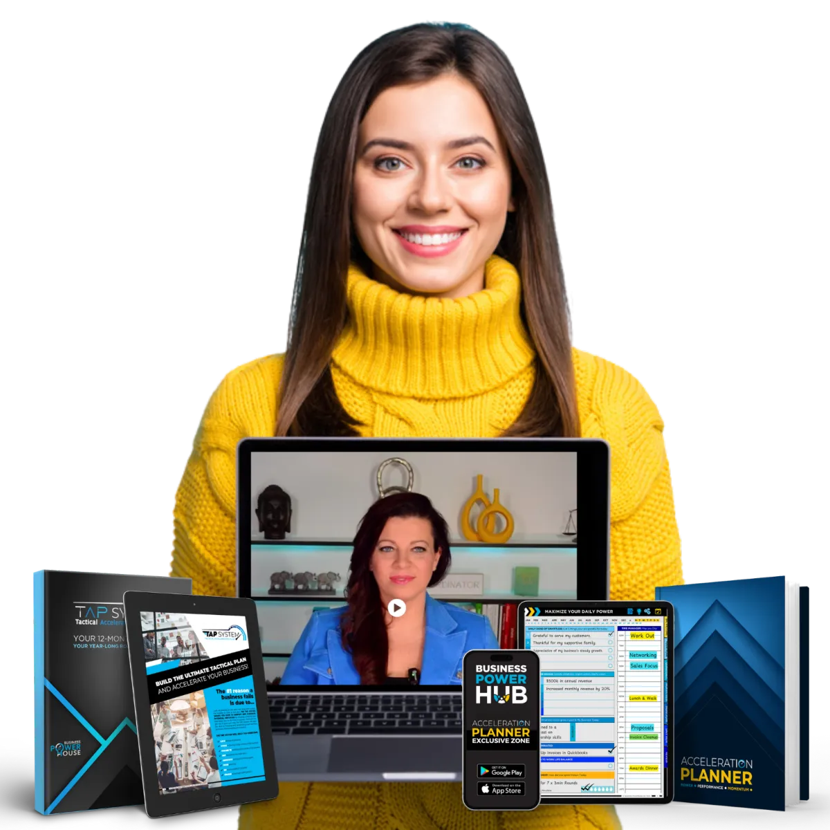 TOOLS section featuring a smiling woman in a yellow sweater beside various digital devices displaying the Business Power Hub, Acceleration Planner, and other resources. The image showcases the tools offered, including templates, worksheets, and a comprehensive guide to help entrepreneurs stay organized, focused, and on track with their business goals.