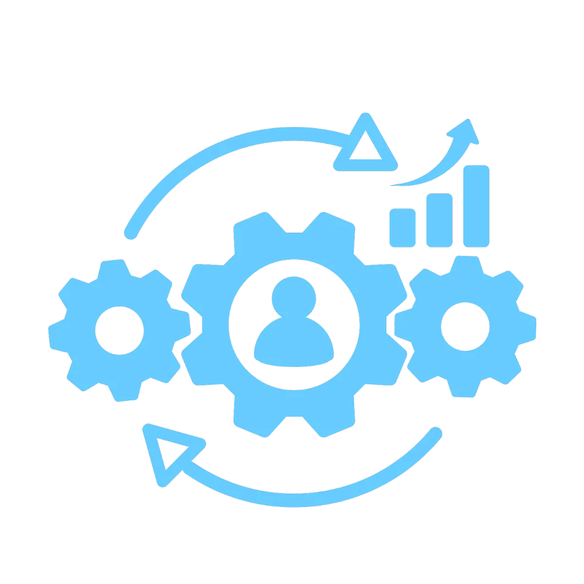 Icon of gears with a person in the center, an upward arrow, and a bar chart, symbolizing prioritizing impactful tasks and strategic actions for business growth.