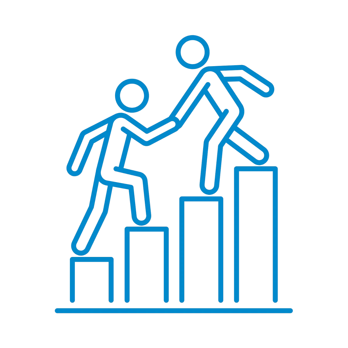 Illustration of one person helping another climb a staircase, symbolizing the importance of leveraging expert support from coaches and consultants.