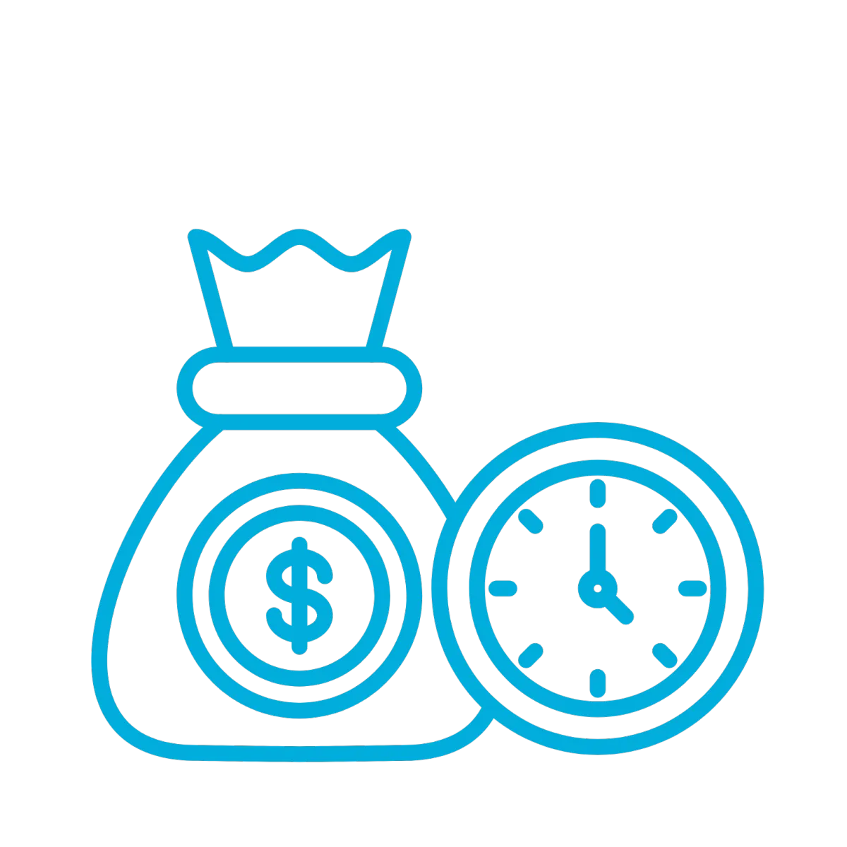 Icon of two money bags, one with a dollar sign and the other with a clock, representing aligning business activities with market opportunities at the right time.