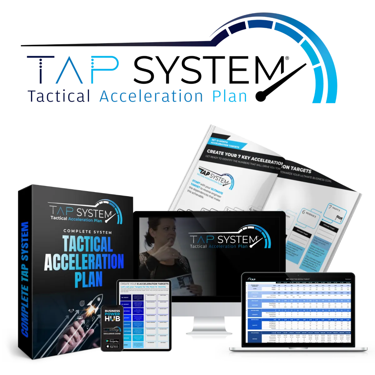 TAP System promotional graphic featuring the Tactical Acceleration Plan with visuals of a laptop, planner, and digital tools. The graphic highlights key benefits such as personalized strategy, step-by-step guidance, and adaptive planning to help business owners reach their goals. The text describes how the TAP System provides clarity, focus, and momentum for business growth.