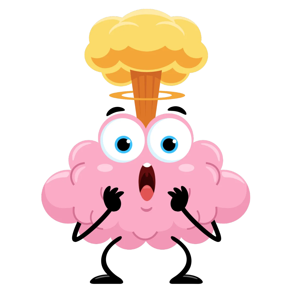 Cartoon illustration of a pink brain character with wide eyes, surprised expression, and a mushroom cloud explosion at the top, symbolizing a mind-blowing realization or concept.