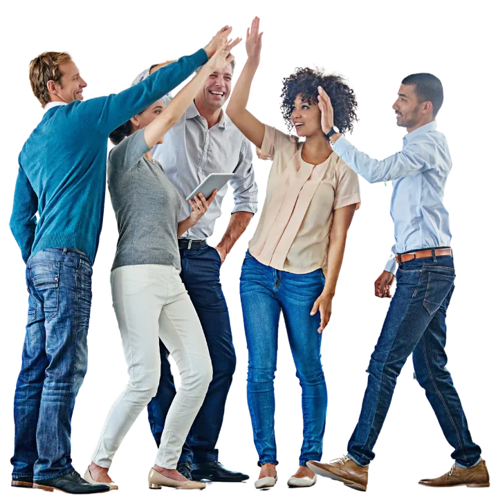 Excited businesswoman in blue blazer celebrating success with a fist pump in front of the Million Dollar Business Accelerator logo.