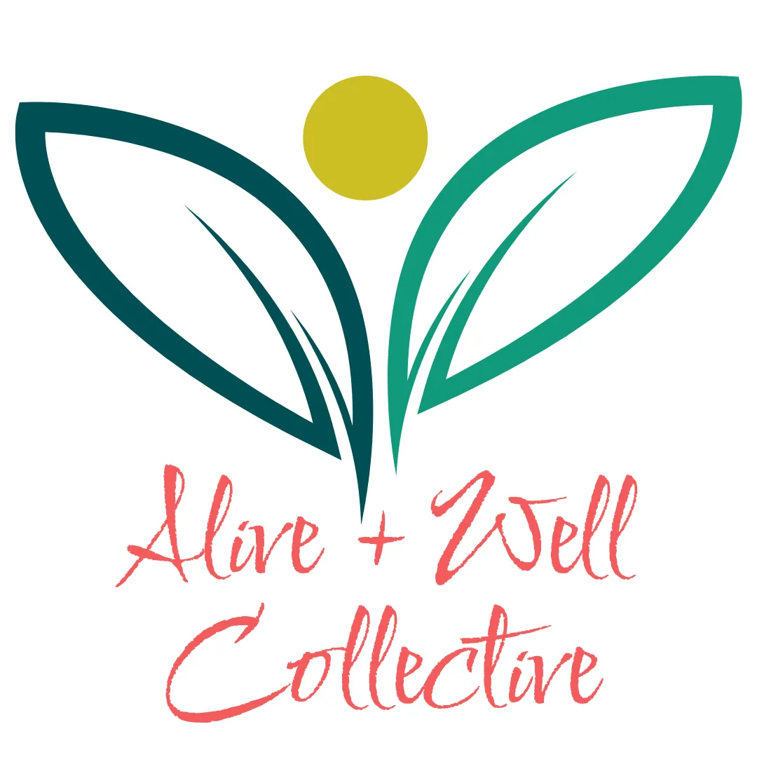 graphic for alive & well collective, Stacy's community group with logos and words "because we are created for community"