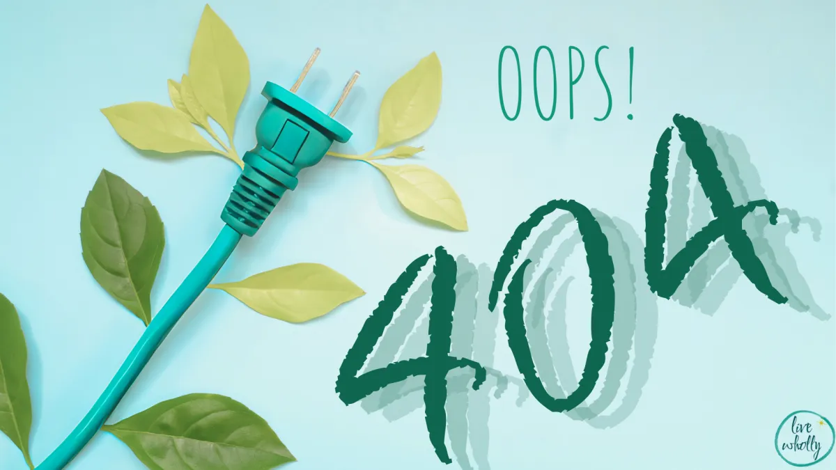 404 image with a teal plug with leaves on it saying OOPS!