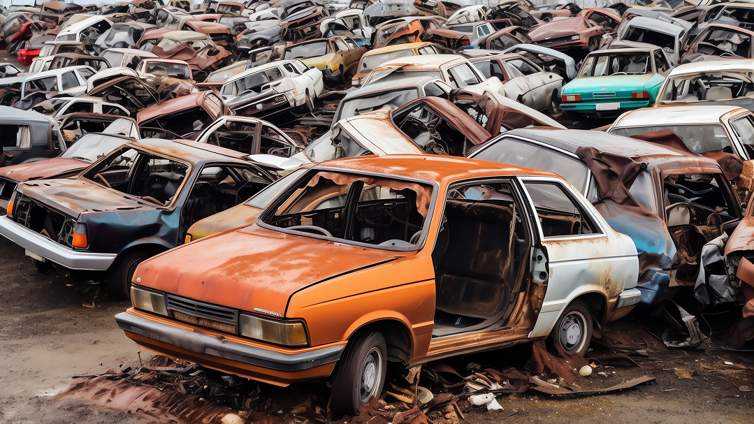 Rows of junked and rusted vehicles stacked at an auto scrap yard awaiting recycling