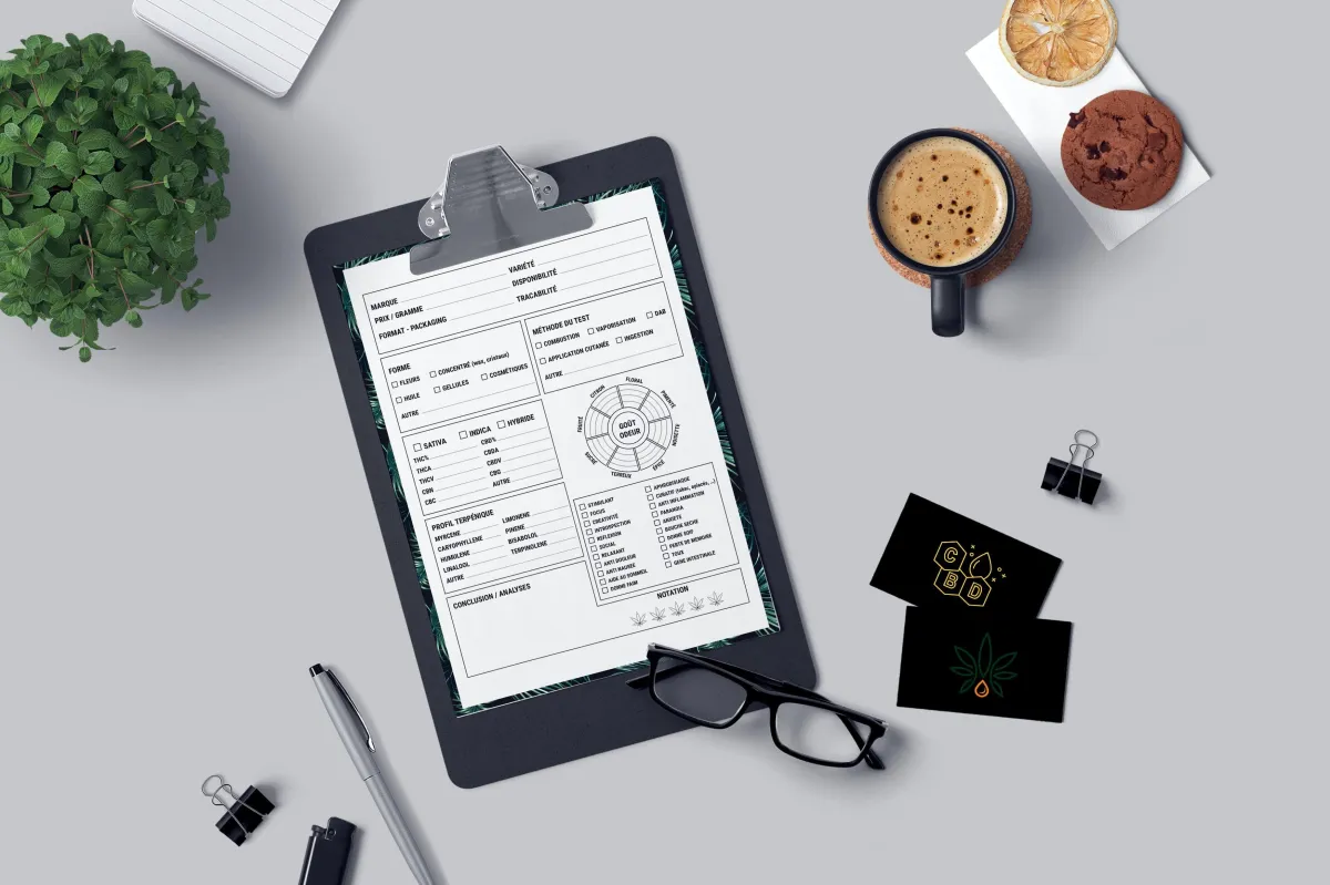 A clipboard with some statistics on it is kept in the center of a table surrounded by a coffee cup, a cookie, dried orange slice, business cards, spectacles, pen, a plant, notepad, binding clips and a lighter.