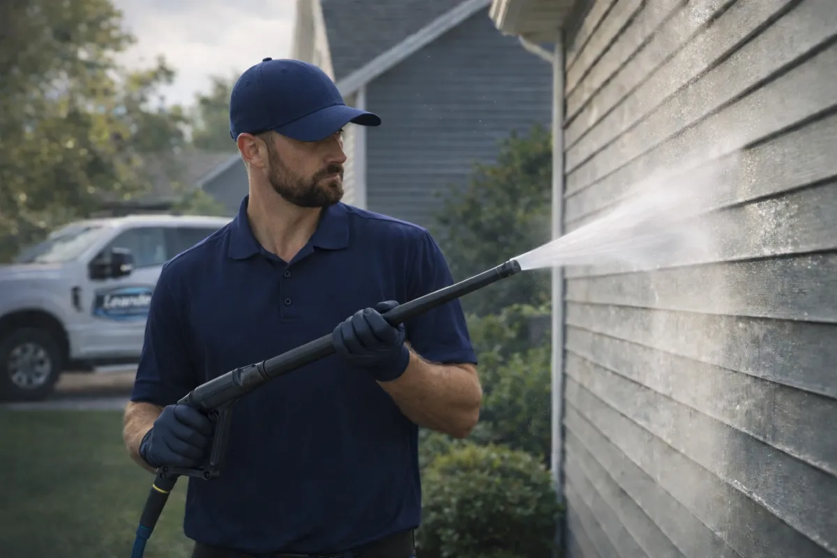 Technician pressure washing house siding for a residential home in Leander, TX