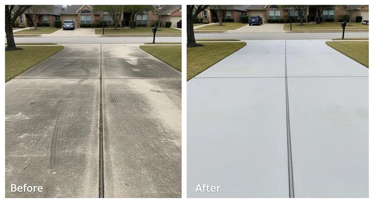 Dirty concrete driveway before and after pressure washing in Leander, TX