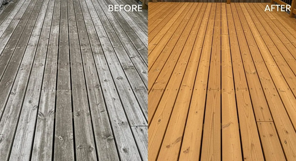 Weathered wooden deck before and after professional cleaning in Leander