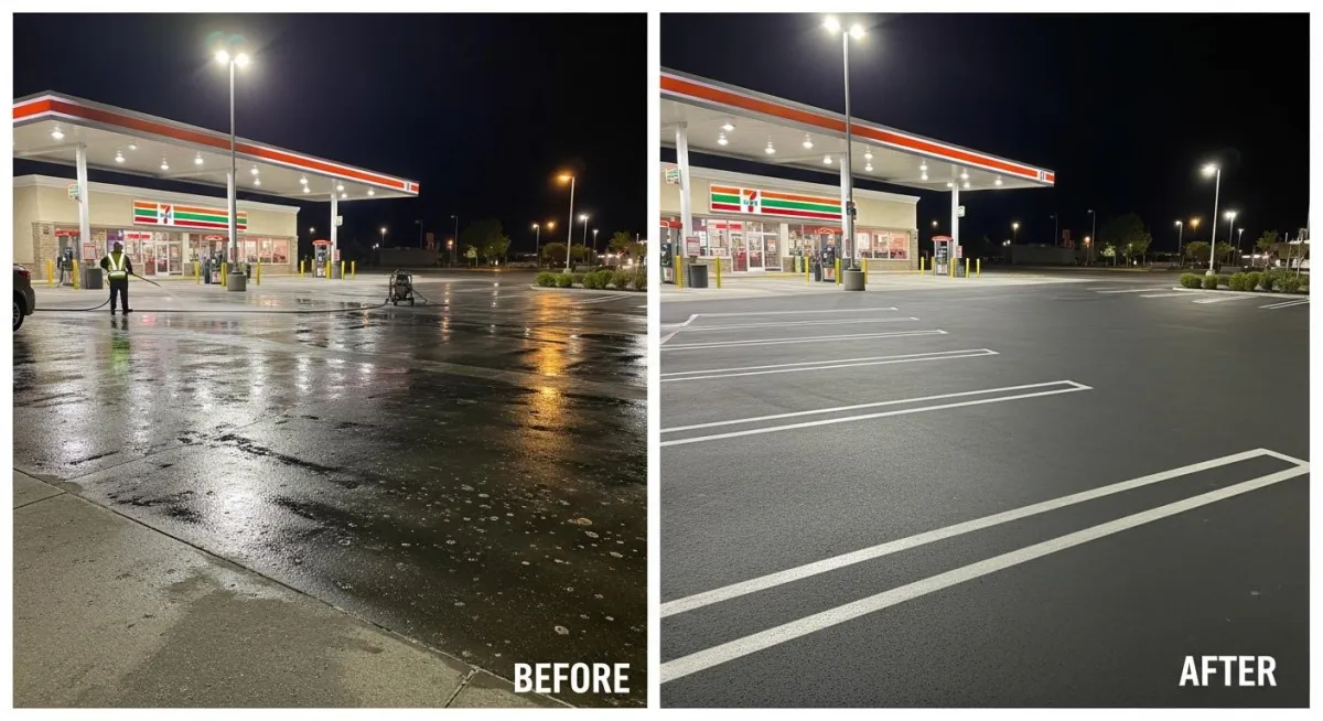 Clean commercial parking lot after professional pressure washing in Leander, TX