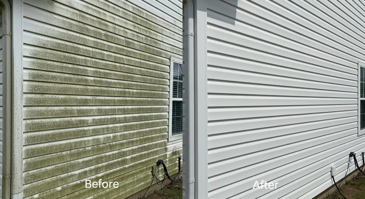 Clean house siding after soft wash pressure washing in Leander, Texas