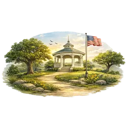 Liberty Hill TX hill country park with gazebo and oak trees at sunset