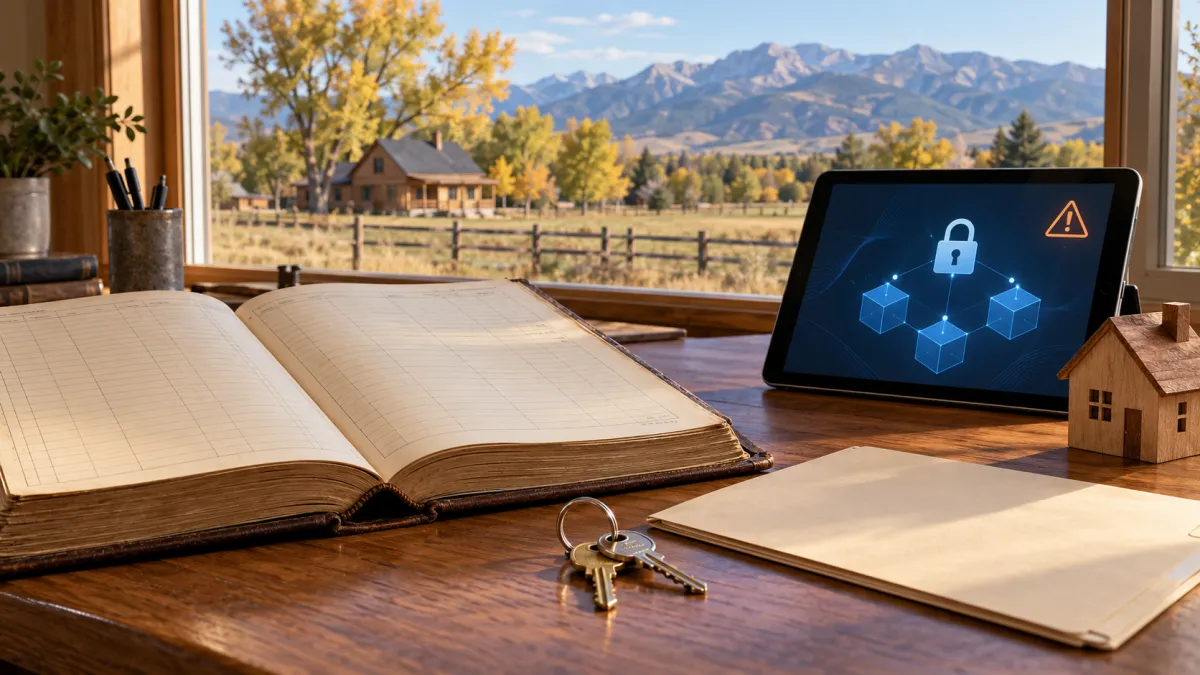 Editorial cover: Montana's blockchain task force report for property owners. Deeds barely came up; escrow and fraud did. Fall 2026