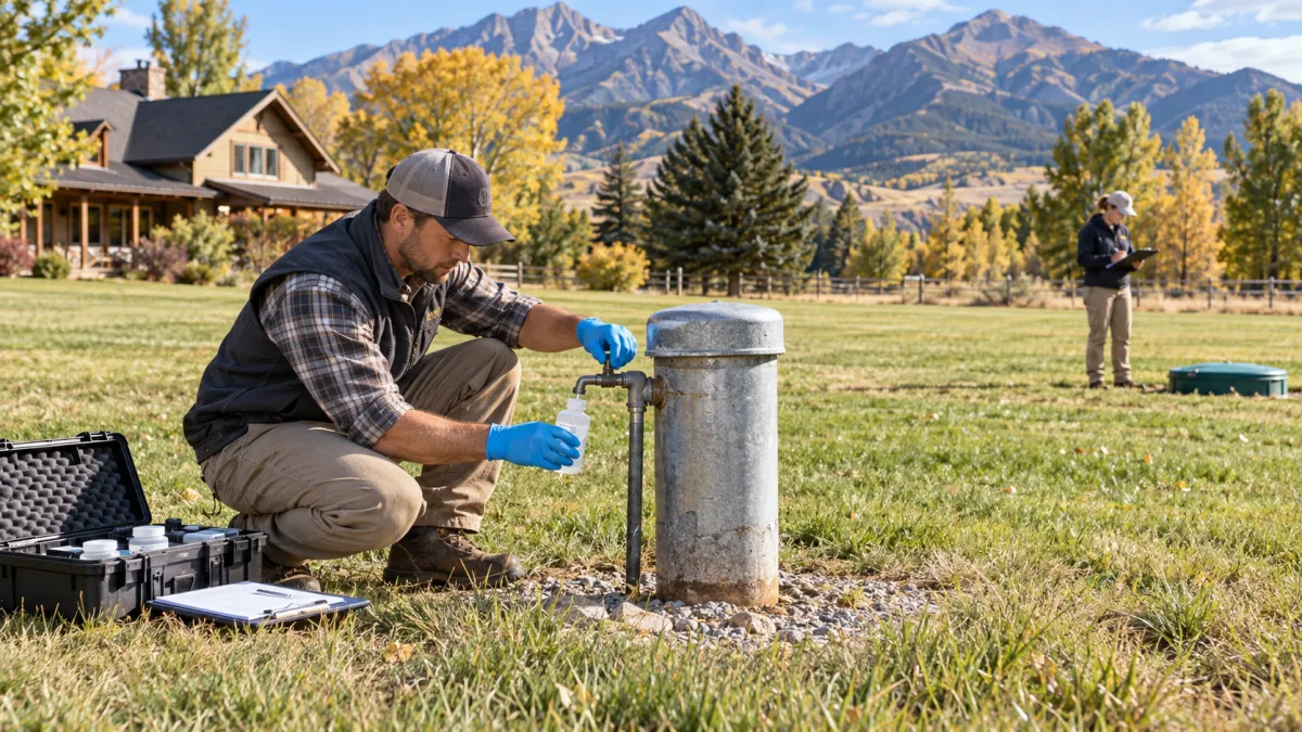 Editorial cover: well and septic, what the inspection covers in Park County, Montana. Two files to pull before the truck arrives. Fall 2026