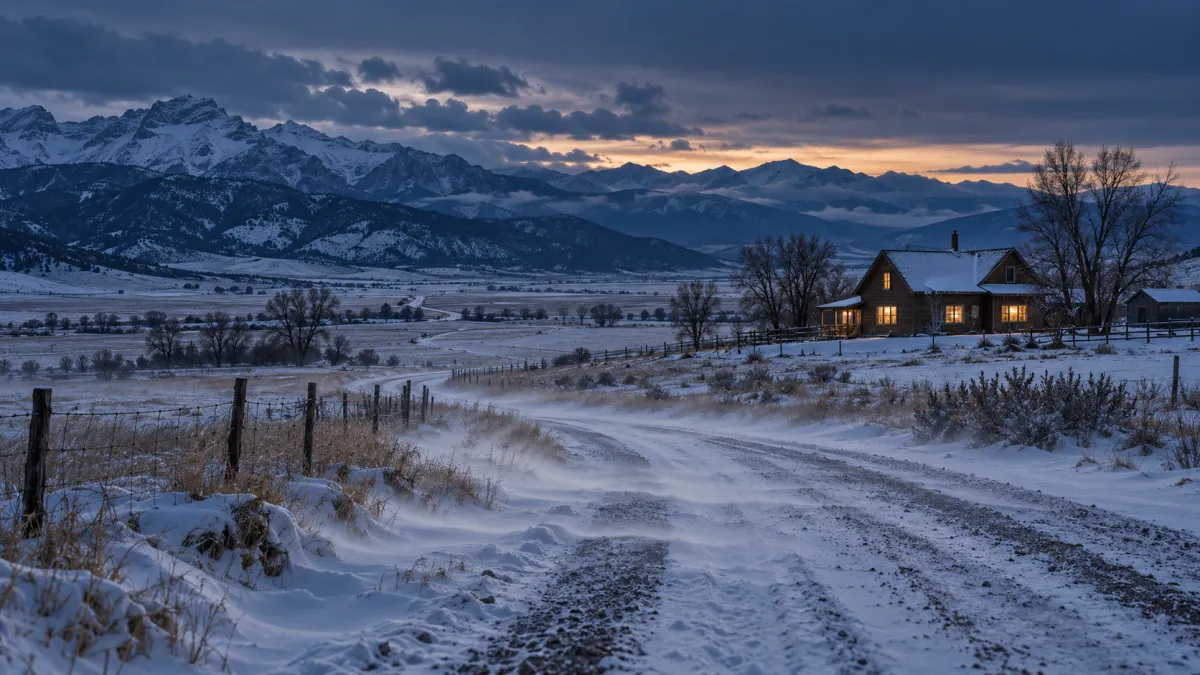 Editorial cover: your first Montana winter, what out-of-state buyers get wrong. Wind, dark, distance, and the house. Fall 2026