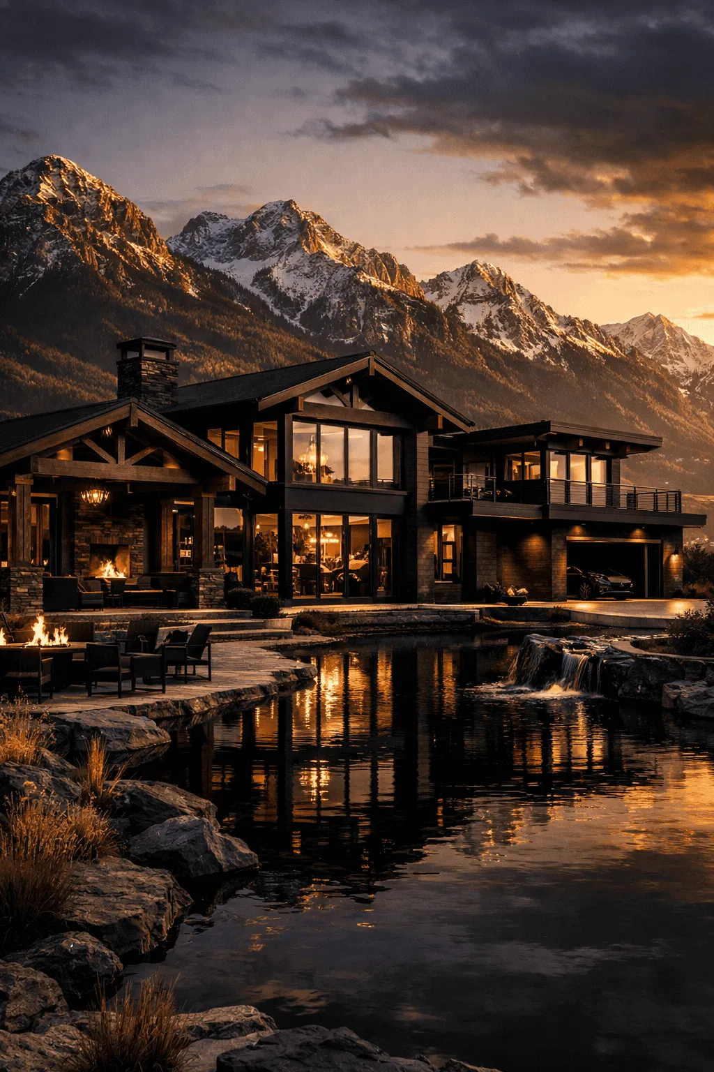Luxurious mountain mansion with glass walls, outdoor fire pits, and a reflecting pool at sunset, snow-capped peaks in the background.