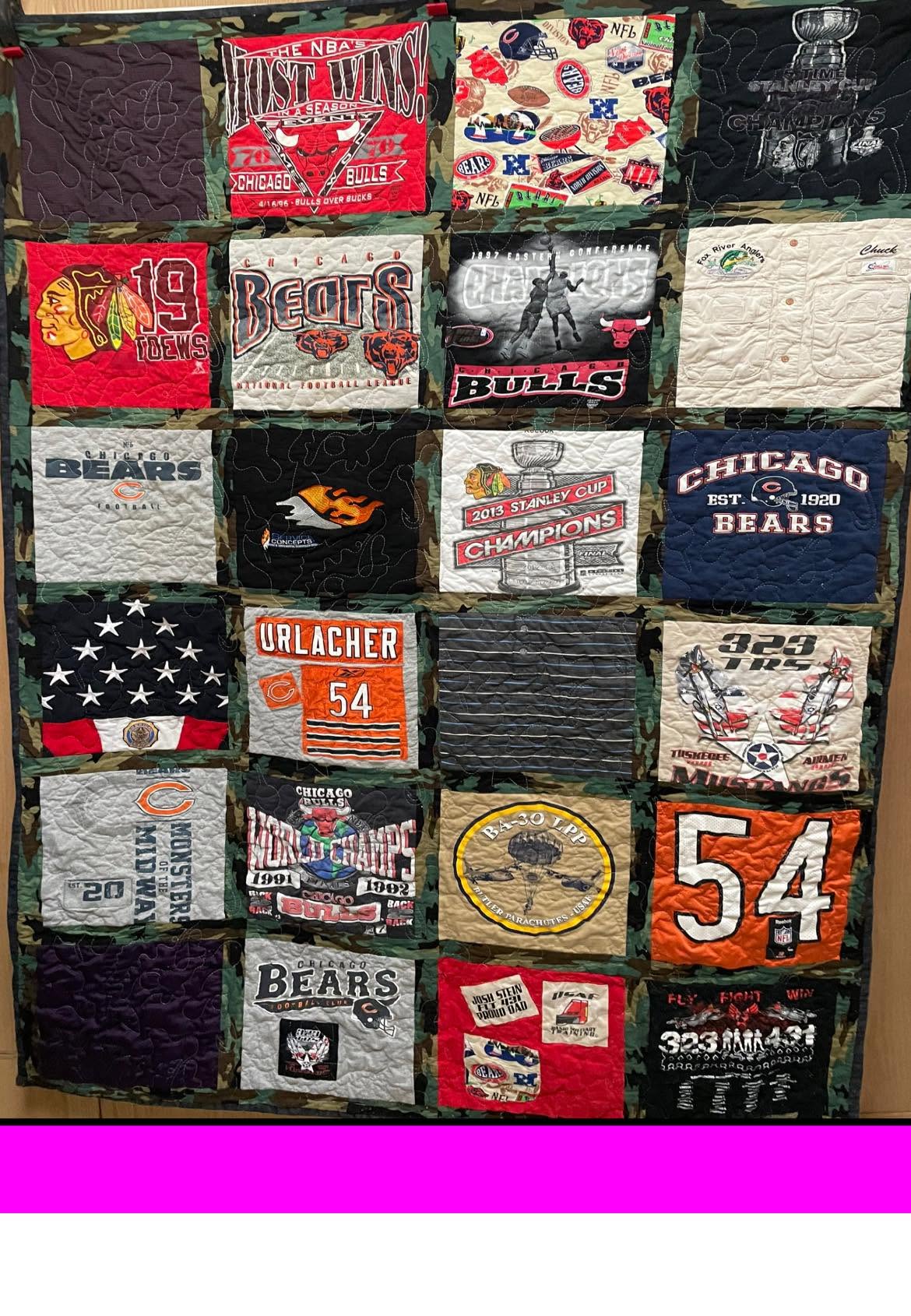 A beautiful completed memory quilt with varied fabrics.