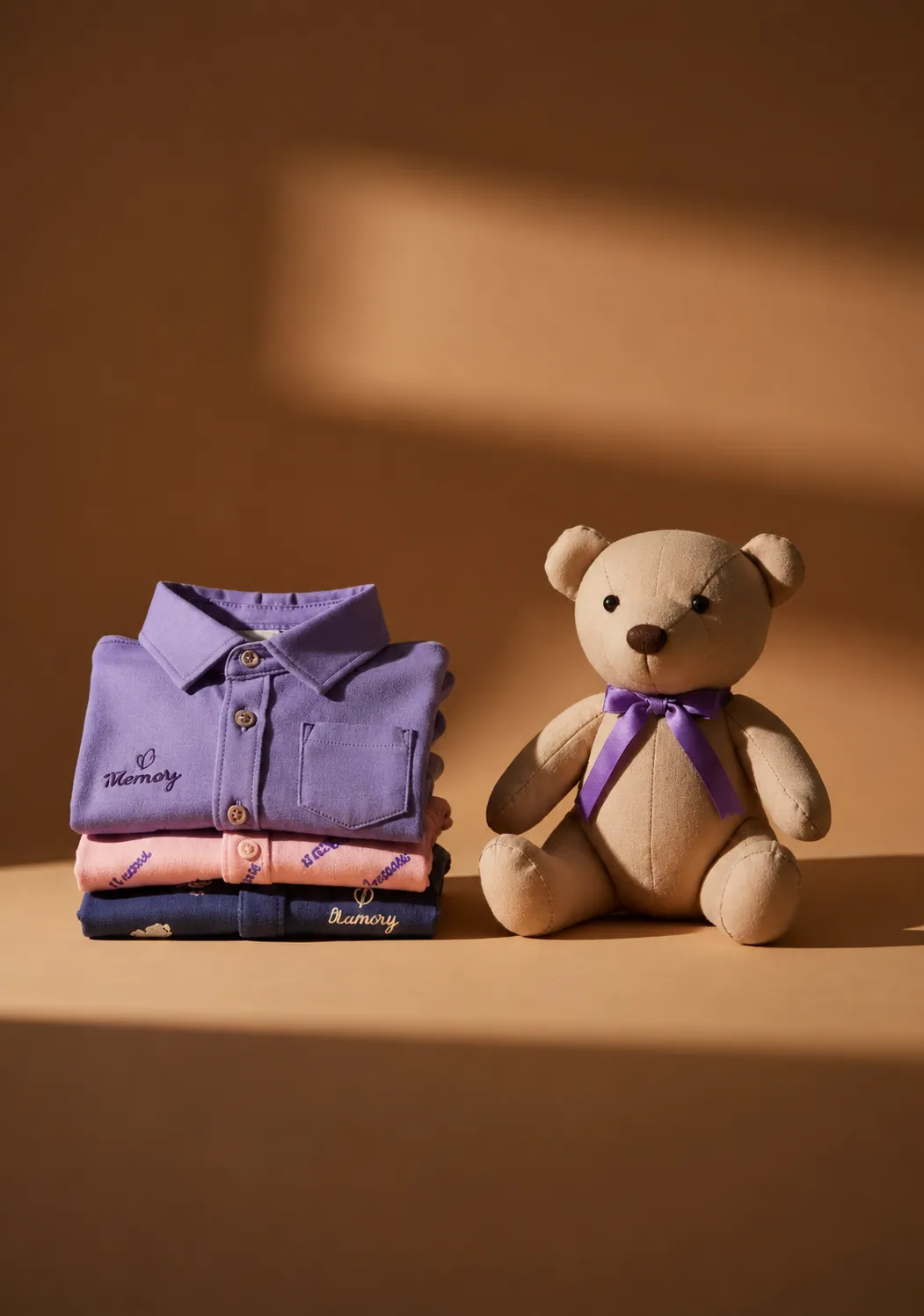 Meaningful clothing next to a finished memory bear keepsake