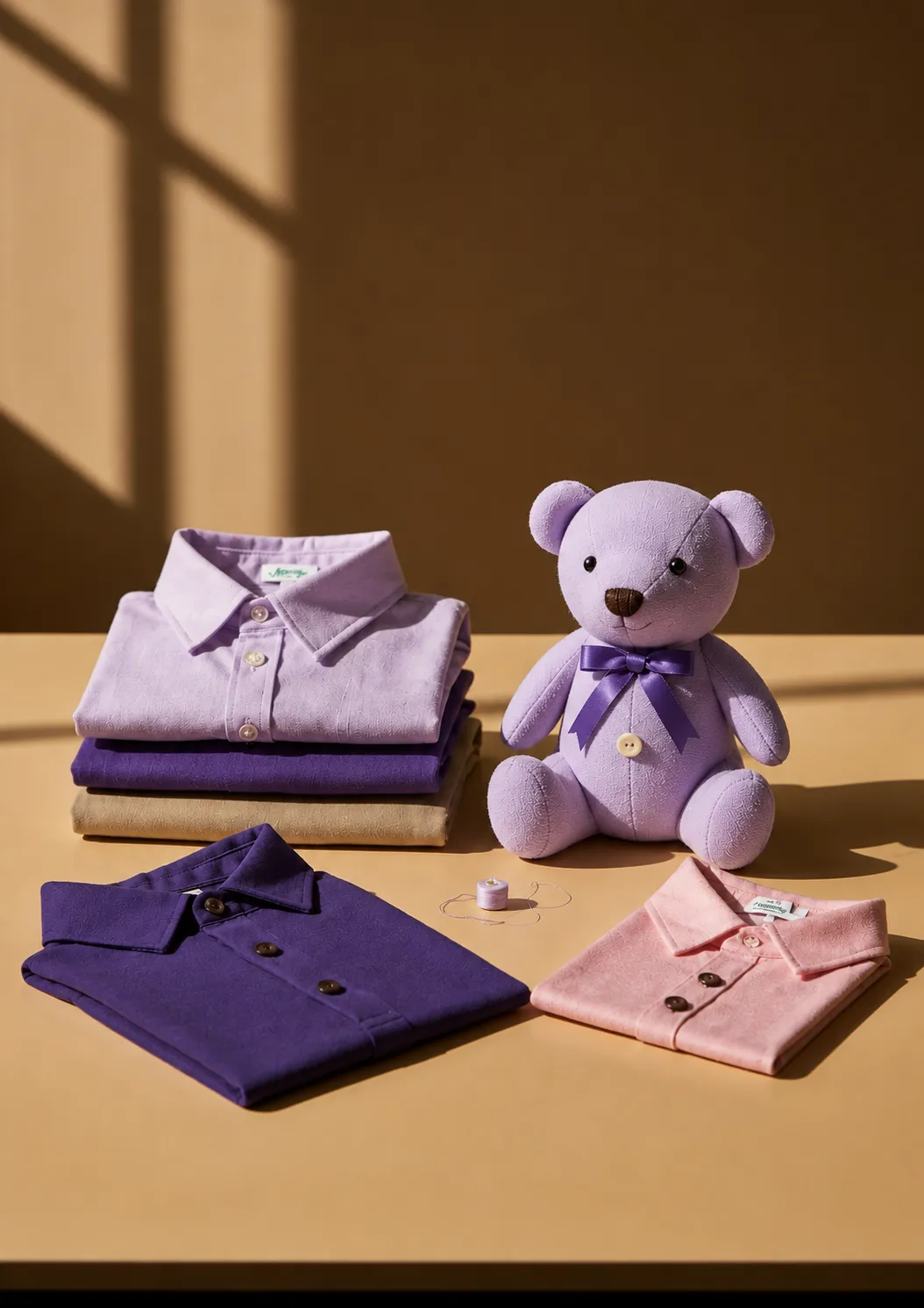 A careful selection of meaningful clothing items laid out naturally, ready to be transformed into a keepsake.