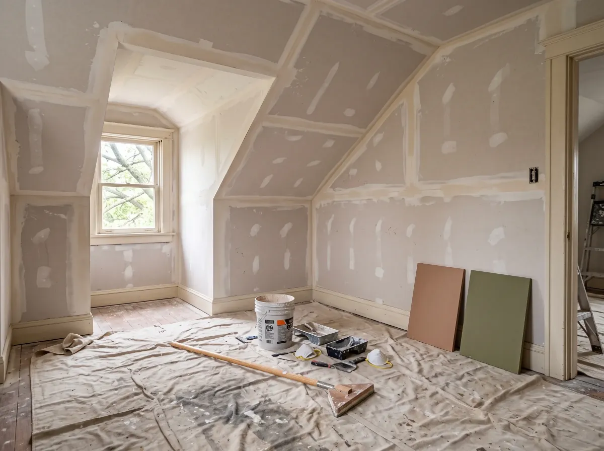 A photo of an upstairs room in an older Webster Groves, Missouri home being prepared after new drywall installation