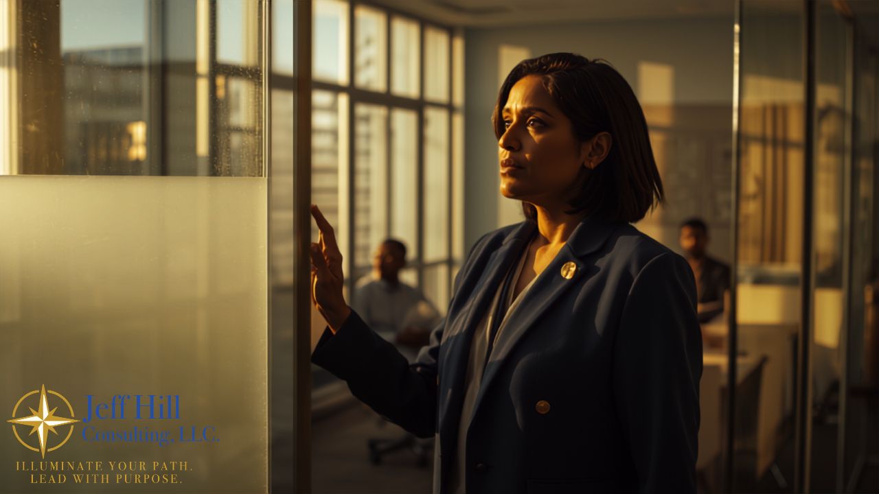 Leader pausing at a glass office door before having a difficult conversation