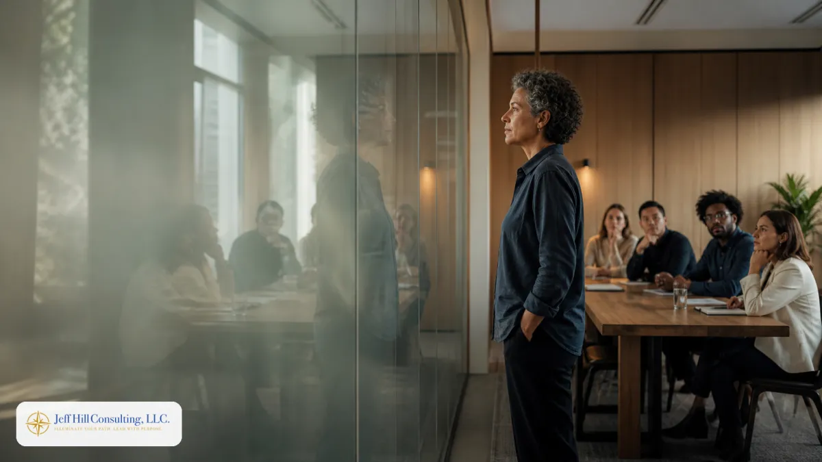 A leader stands apart from her team in a conference room, reflected in the glass beside her