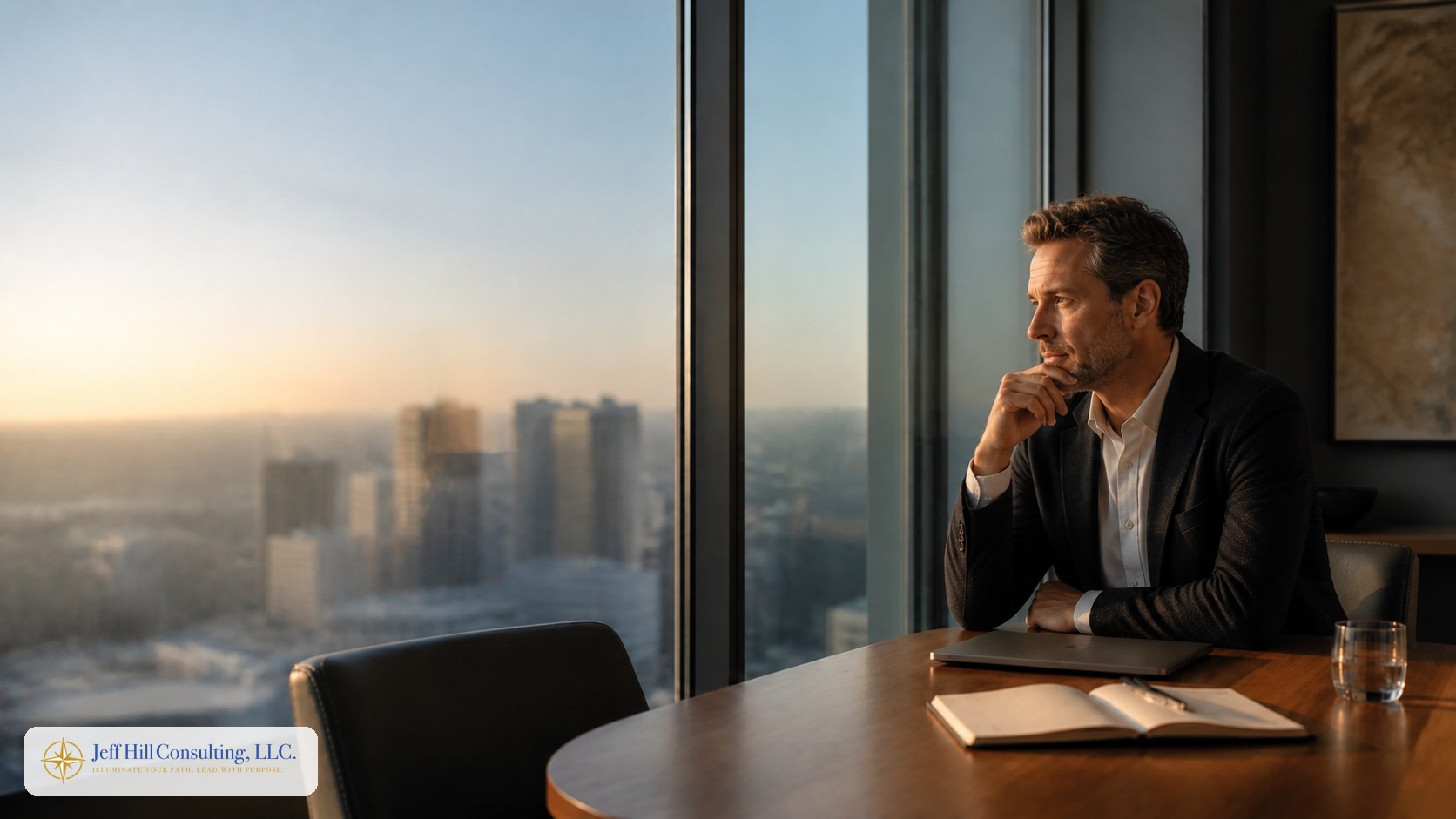 A leader sitting at a conference table, looking out over a city skyline at sunrise in a moment of quiet reflection