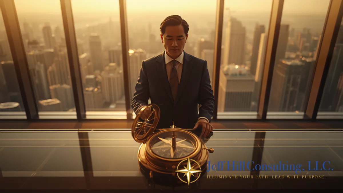 A leader in a sunlit high-rise office examines an open brass compass on his desk, a symbol of re-examining the systems that guide his leadership.