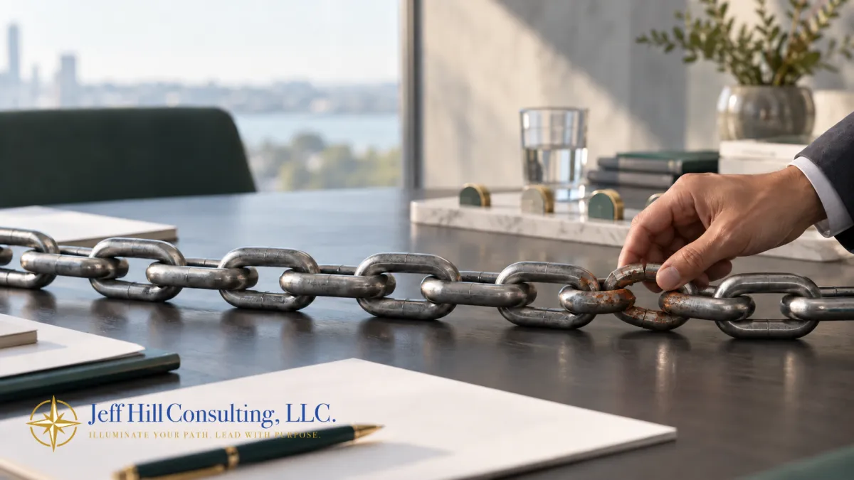 A chain with one rusted, weathered link lies across a conference table while a hand examines it, symbolizing the weak link where strategy execution breaks down
