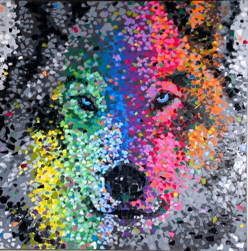 Wolf portrait with multicolor spectrum overlay and textured palette knife style, oil painting by Brandon Bouck