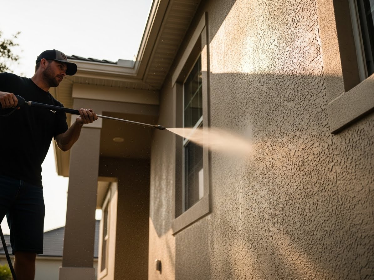 Professional soft wash equipment applying biodegradable cleaning solution to stucco exterior at garden-hose pressure
