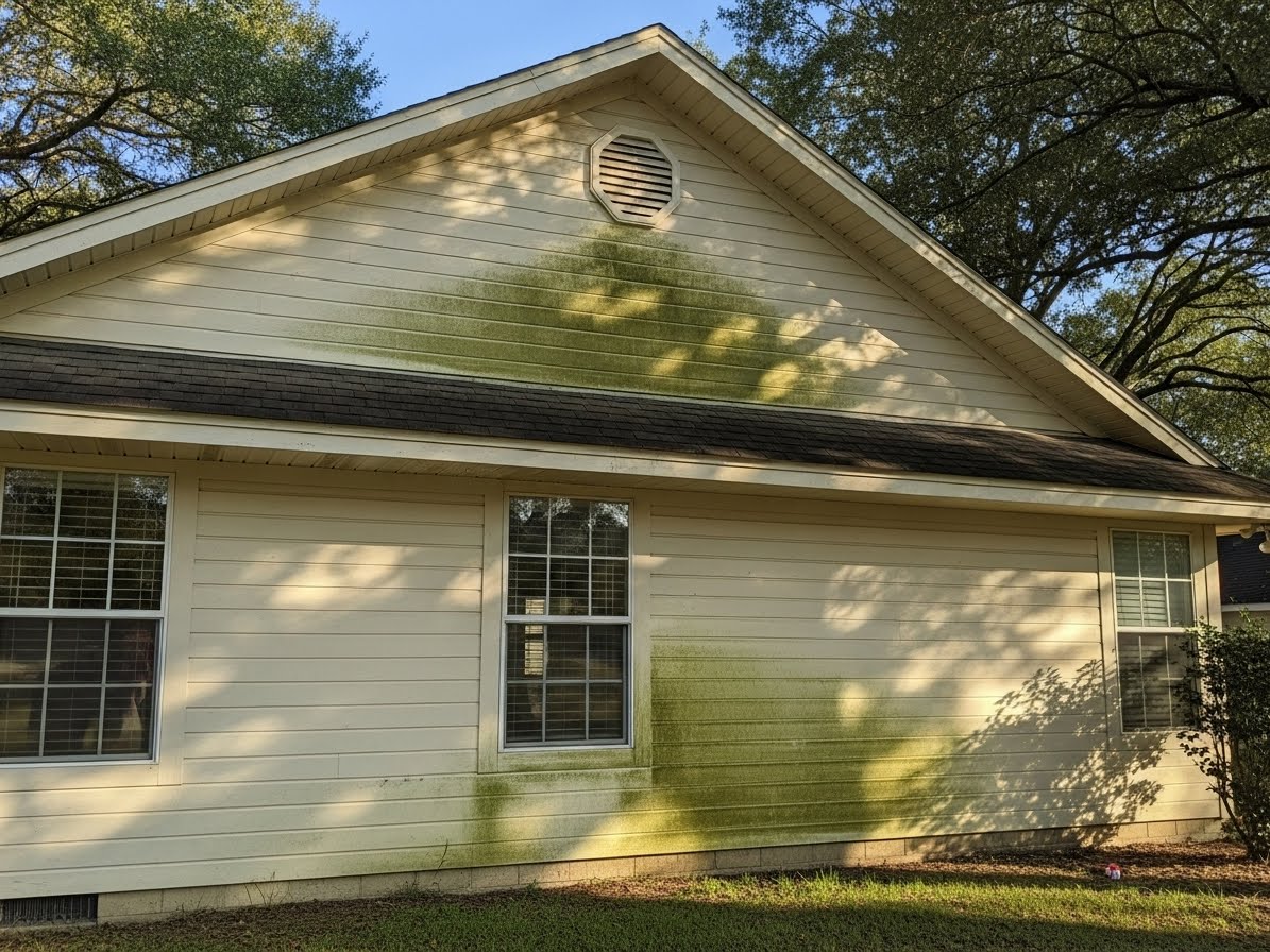 Clean residential roof and siding after professional soft washing service removing algae growth in Polk County Florida