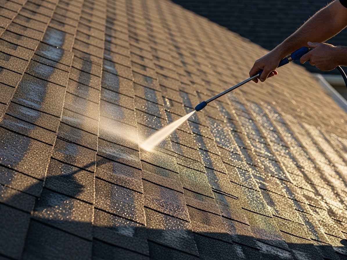 Soft washing technician cleaning black algae streaks from residential roof in Lakeland Florida using low-pressure equipment