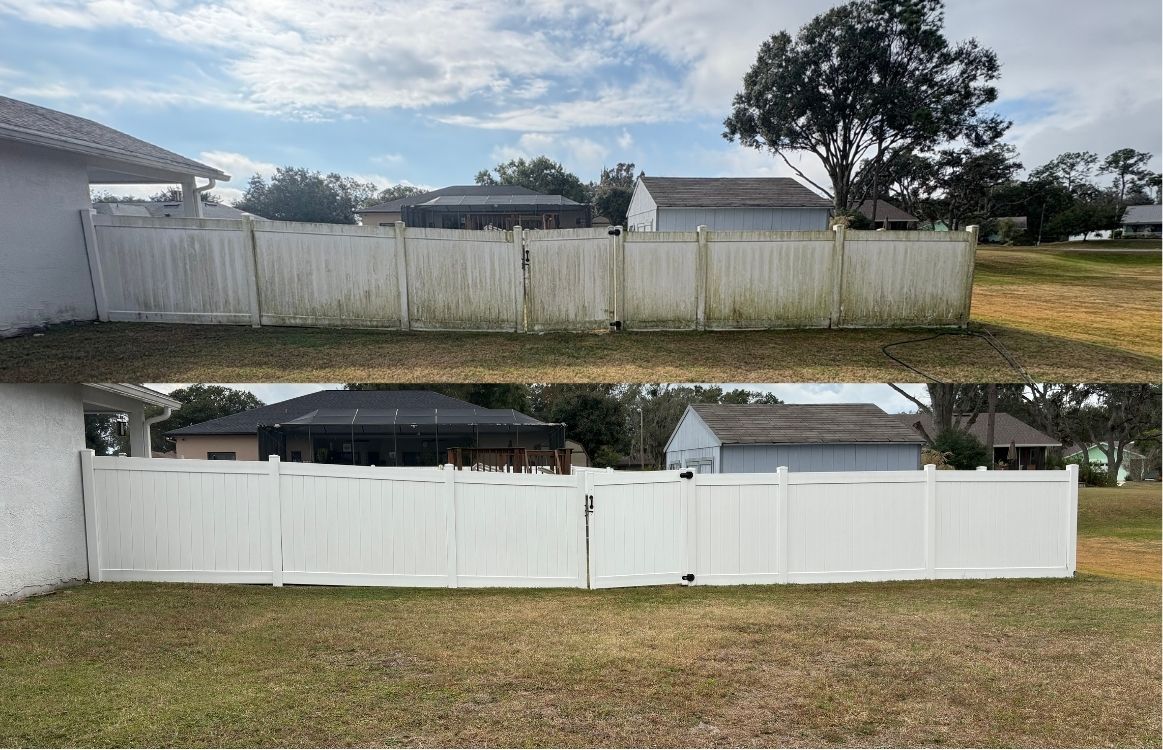 Professional fence cleaning removing tannin stains from wood boards near oak trees in Lakeland