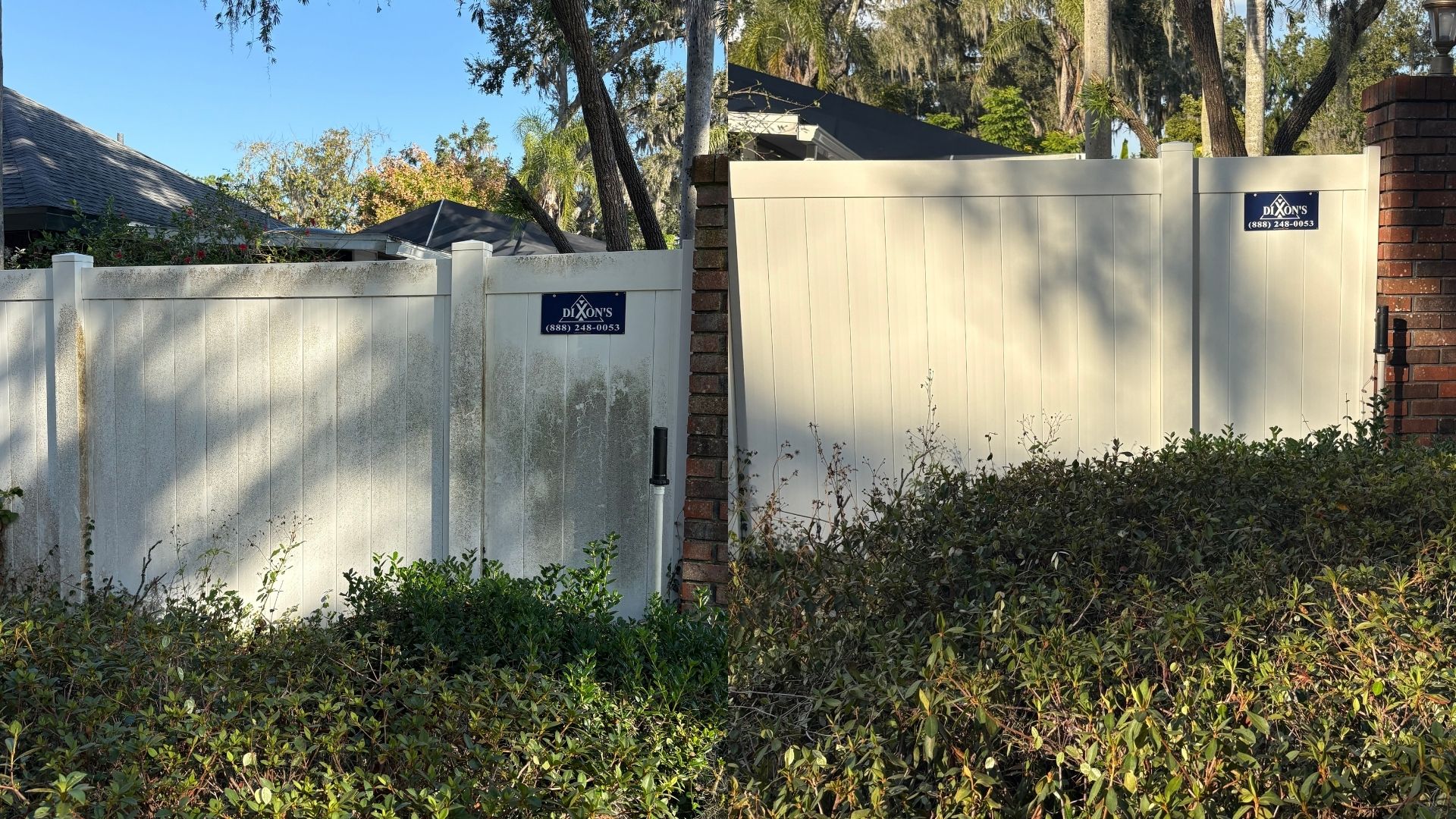 Restored white PVC fence after rust stain and mineral deposit removal in Lakeland neighborhood
