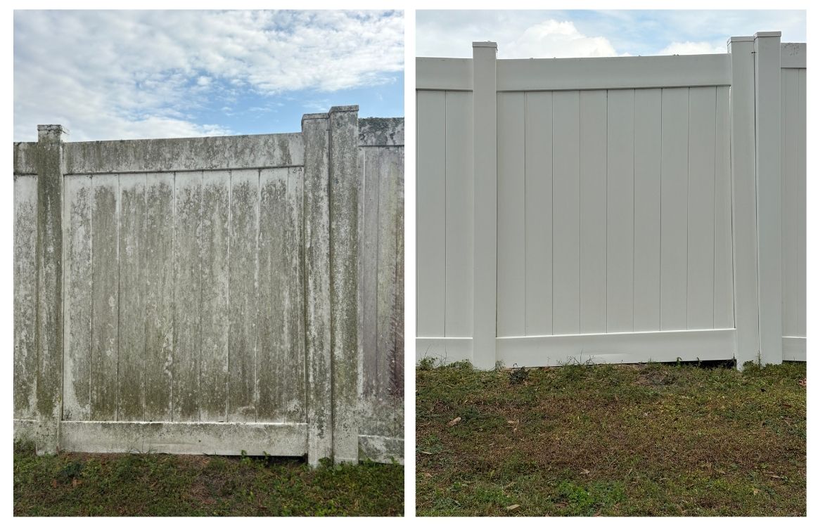 Professional soft washing fence cleaning service removing mold from wood fence in Lakeland Florida