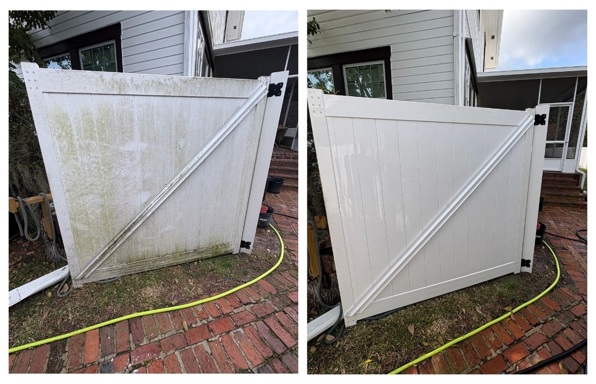 Low-pressure soft wash equipment safely cleaning cedar fence without damaging wood grain in Lake Hollingsworth