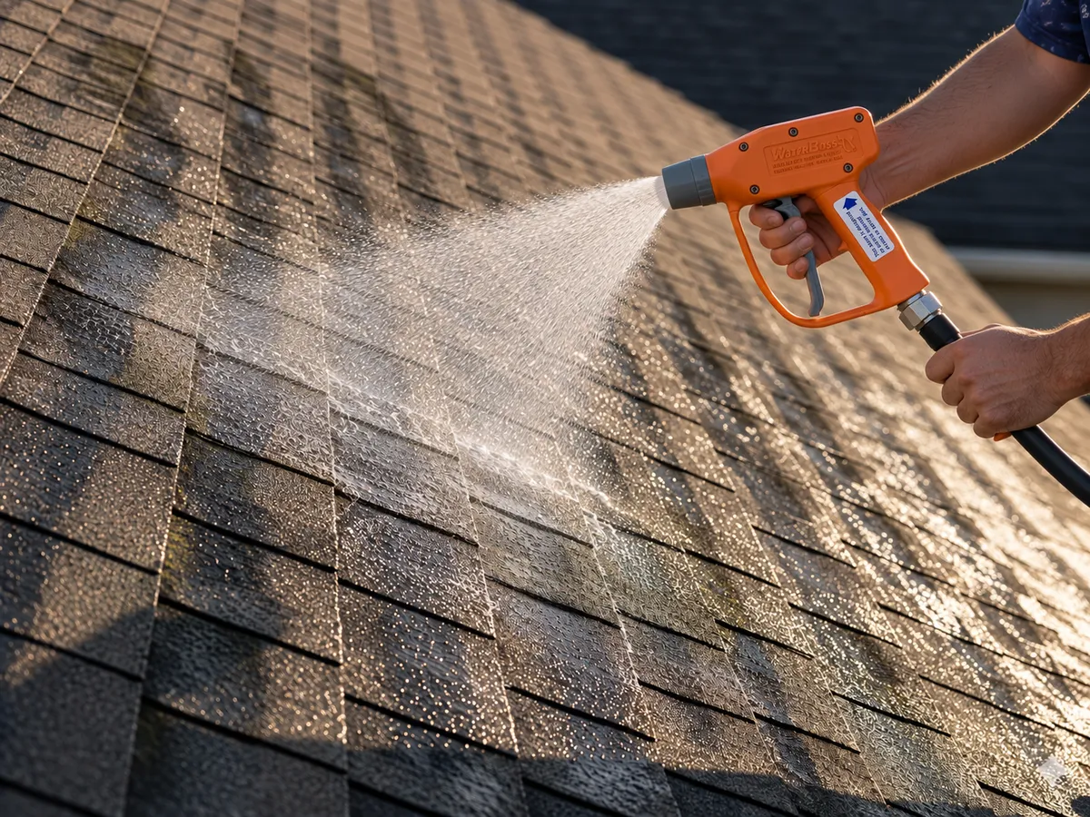 Soft washing technician cleaning black algae streaks from residential roof in Lakeland Florida using low-pressure equipment