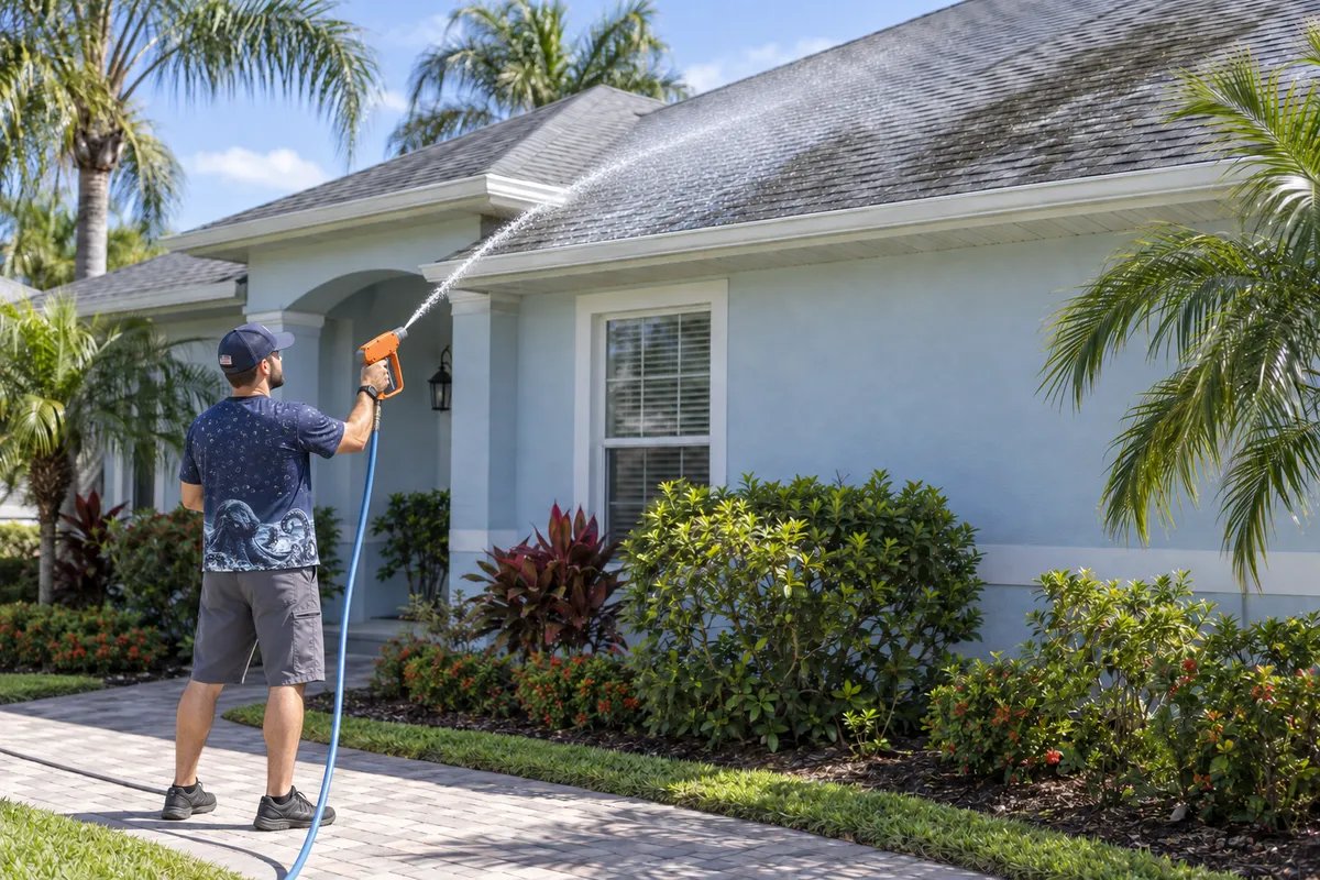 Professional soft wash equipment applying biodegradable cleaning solution to stucco exterior at garden-hose pressure